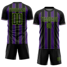 Load image into Gallery viewer, Custom Black Purple-Neon Green Pinstripe Line Sports Sublimation Soccer Uniform Jersey
