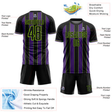 Load image into Gallery viewer, Custom Black Purple-Neon Green Pinstripe Line Sports Sublimation Soccer Uniform Jersey
