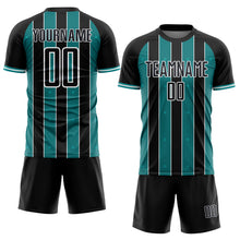 Load image into Gallery viewer, Custom Black Teal-White Pinstripe Line Sports Sublimation Soccer Uniform Jersey