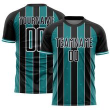 Load image into Gallery viewer, Custom Black Teal-White Pinstripe Line Sports Sublimation Soccer Uniform Jersey