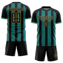 Load image into Gallery viewer, Custom Black Teal-Old Gold Pinstripe Line Sports Sublimation Soccer Uniform Jersey