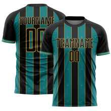 Load image into Gallery viewer, Custom Black Teal-Old Gold Pinstripe Line Sports Sublimation Soccer Uniform Jersey