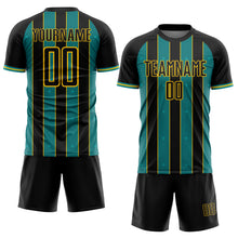 Load image into Gallery viewer, Custom Black Teal-Yellow Pinstripe Line Sports Sublimation Soccer Uniform Jersey