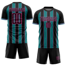 Load image into Gallery viewer, Custom Black Teal-Pink Pinstripe Line Sports Sublimation Soccer Uniform Jersey