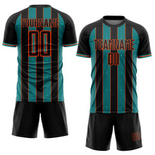 Load image into Gallery viewer, Custom Black Teal-Orange Pinstripe Line Sports Sublimation Soccer Uniform Jersey