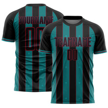 Load image into Gallery viewer, Custom Black Teal-Crimson Pinstripe Line Sports Sublimation Soccer Uniform Jersey