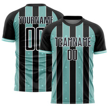 Загрузить изображение в средство просмотра галереи, Custom Black Ice Blue-White Pinstripe Line Sports Sublimation Soccer Uniform Jersey