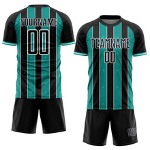 Laden Sie das Bild in den Galerie-Viewer, Custom Black Aqua-White Pinstripe Line Sports Sublimation Soccer Uniform Jersey