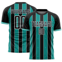 Laden Sie das Bild in den Galerie-Viewer, Custom Black Aqua-White Pinstripe Line Sports Sublimation Soccer Uniform Jersey
