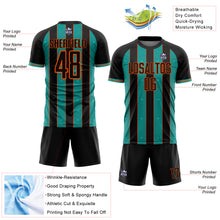 Загрузить изображение в средство просмотра галереи, Custom Black Aqua-Orange Pinstripe Line Sports Sublimation Soccer Uniform Jersey