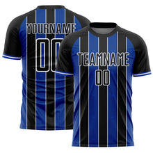 Laden Sie das Bild in den Galerie-Viewer, Custom Black Thunder Blue-White Pinstripe Line Sports Sublimation Soccer Uniform Jersey