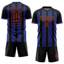 Laden Sie das Bild in den Galerie-Viewer, Custom Black Thunder Blue-Orange Pinstripe Line Sports Sublimation Soccer Uniform Jersey