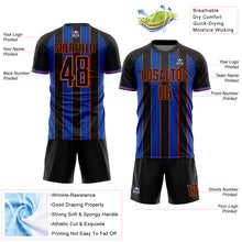 Laden Sie das Bild in den Galerie-Viewer, Custom Black Thunder Blue-Orange Pinstripe Line Sports Sublimation Soccer Uniform Jersey