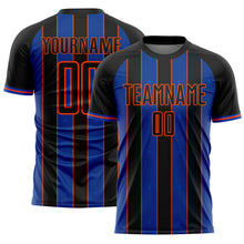 Laden Sie das Bild in den Galerie-Viewer, Custom Black Thunder Blue-Orange Pinstripe Line Sports Sublimation Soccer Uniform Jersey