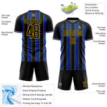 Laden Sie das Bild in den Galerie-Viewer, Custom Black Thunder Blue-Gold Pinstripe Line Sports Sublimation Soccer Uniform Jersey