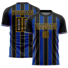 Laden Sie das Bild in den Galerie-Viewer, Custom Black Thunder Blue-Gold Pinstripe Line Sports Sublimation Soccer Uniform Jersey