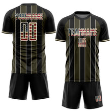 Load image into Gallery viewer, Custom Black Vintage USA Flag Olive-Cream Pinstripe Line Sports Sublimation Soccer Uniform Jersey