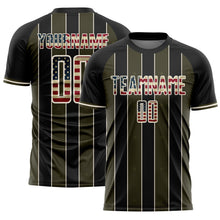 Load image into Gallery viewer, Custom Black Vintage USA Flag Olive-Cream Pinstripe Line Sports Sublimation Soccer Uniform Jersey