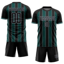 Laden Sie das Bild in den Galerie-Viewer, Custom Black Midnight Green-Gray Pinstripe Line Sports Sublimation Soccer Uniform Jersey