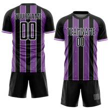 Laden Sie das Bild in den Galerie-Viewer, Custom Black Medium Purple-White Pinstripe Line Sports Sublimation Soccer Uniform Jersey