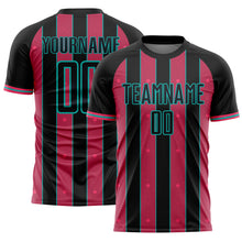 Загрузить изображение в средство просмотра галереи, Custom Black Neon Pink-Aqua Pinstripe Line Sports Sublimation Soccer Uniform Jersey