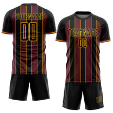 Laden Sie das Bild in den Galerie-Viewer, Custom Black Burgundy-Gold Pinstripe Line Sports Sublimation Soccer Uniform Jersey