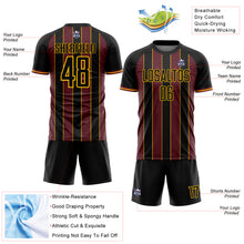 Laden Sie das Bild in den Galerie-Viewer, Custom Black Burgundy-Gold Pinstripe Line Sports Sublimation Soccer Uniform Jersey