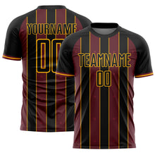 Laden Sie das Bild in den Galerie-Viewer, Custom Black Burgundy-Gold Pinstripe Line Sports Sublimation Soccer Uniform Jersey