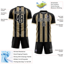 Загрузить изображение в средство просмотра галереи, Custom Black Vegas Gold-White Pinstripe Line Sports Sublimation Soccer Uniform Jersey