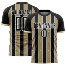 Загрузить изображение в средство просмотра галереи, Custom Black Vegas Gold-White Pinstripe Line Sports Sublimation Soccer Uniform Jersey