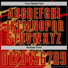 Load image into Gallery viewer, Custom Black Red-Old Gold Abstract Fragment Art Splash Sports Sublimation Soccer Uniform Jersey