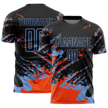 Загрузить изображение в средство просмотра галереи, Custom Black Orange-Powder Blue Abstract Fragment Art Splash Sports Sublimation Soccer Uniform Jersey