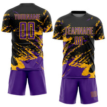 Загрузить изображение в средство просмотра галереи, Custom Black Purple-Gold Abstract Fragment Art Splash Sports Sublimation Soccer Uniform Jersey