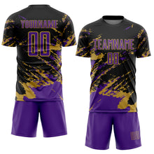 Загрузить изображение в средство просмотра галереи, Custom Black Purple-Old Gold Abstract Fragment Art Splash Sports Sublimation Soccer Uniform Jersey
