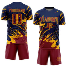 Загрузить изображение в средство просмотра галереи, Custom Navy Crimson-Gold Abstract Fragment Art Splash Sports Sublimation Soccer Uniform Jersey