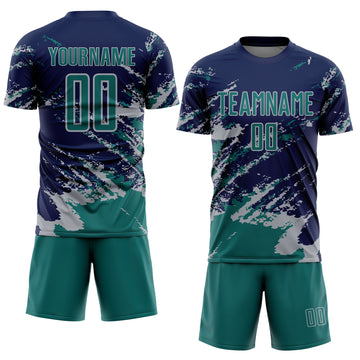 Custom Navy Teal-Gray Abstract Fragment Art Splash Sports Sublimation Soccer Uniform Jersey