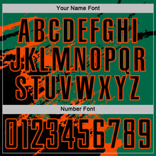 Load image into Gallery viewer, Custom Kelly Green Black-Orange Abstract Fragment Art Splash Sports Sublimation Soccer Uniform Jersey