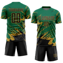 Load image into Gallery viewer, Custom Kelly Green Black-Old Gold Abstract Fragment Art Splash Sports Sublimation Soccer Uniform Jersey