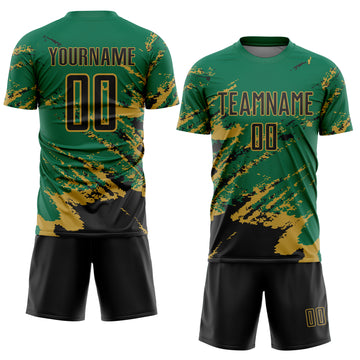 Custom Kelly Green Black-Old Gold Abstract Fragment Art Splash Sports Sublimation Soccer Uniform Jersey