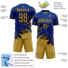 Загрузить изображение в средство просмотра галереи, Custom Royal Old Gold-Black Abstract Fragment Art Splash Sports Sublimation Soccer Uniform Jersey