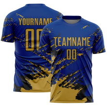 Загрузить изображение в средство просмотра галереи, Custom Royal Old Gold-Black Abstract Fragment Art Splash Sports Sublimation Soccer Uniform Jersey