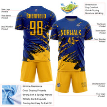 Загрузить изображение в средство просмотра галереи, Custom Royal Gold-Black Abstract Fragment Art Splash Sports Sublimation Soccer Uniform Jersey
