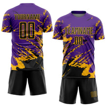 Загрузить изображение в средство просмотра галереи, Custom Purple Black-Gold Abstract Fragment Art Splash Sports Sublimation Soccer Uniform Jersey
