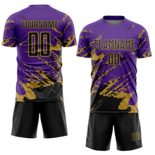 Загрузить изображение в средство просмотра галереи, Custom Purple Black-Old Gold Abstract Fragment Art Splash Sports Sublimation Soccer Uniform Jersey