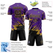 Загрузить изображение в средство просмотра галереи, Custom Purple Black-Old Gold Abstract Fragment Art Splash Sports Sublimation Soccer Uniform Jersey