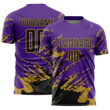 Загрузить изображение в средство просмотра галереи, Custom Purple Black-Old Gold Abstract Fragment Art Splash Sports Sublimation Soccer Uniform Jersey