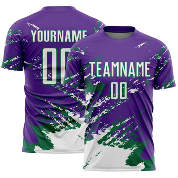 Custom Purple White-Kelly Green Abstract Fragment Art Splash Sports Sublimation Soccer Uniform Jersey