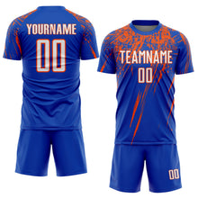 Load image into Gallery viewer, Custom Thunder Blue White-Orange Splash Sports Sublimation Soccer Uniform Jersey