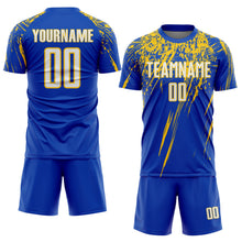 Загрузить изображение в средство просмотра галереи, Custom Thunder Blue White-Yellow Splash Sports Sublimation Soccer Uniform Jersey