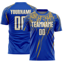 Charger l'image dans la galerie, Custom Thunder Blue White-Old Gold Splash Sports Sublimation Soccer Uniform Jersey